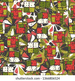 A seamless pattern consisting of painted coarse-colored sewn patches, with a background texture.