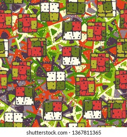 A seamless pattern consisting of painted coarse-colored sewn patches, with a background texture.