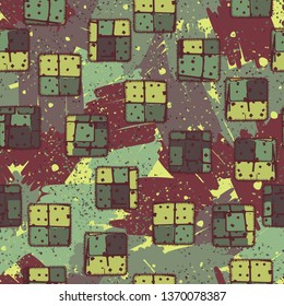 A seamless pattern consisting of painted coarse-colored sewn patches, with a background texture.