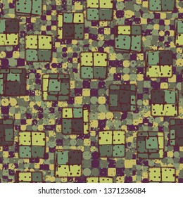 A seamless pattern consisting of painted coarse-colored sewn patches, with a background texture.