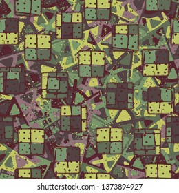 A seamless pattern consisting of painted coarse-colored sewn patches, with a background texture.