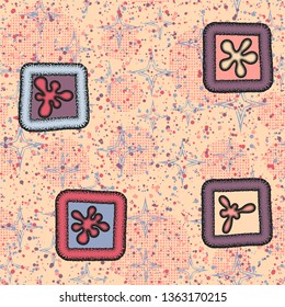 A seamless pattern consisting of painted roughly convex blots in frames, with a background texture.