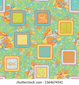 A seamless pattern consisting of painted roughly marine objects in frames, with a background texture.