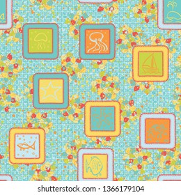 A seamless pattern consisting of painted roughly marine objects in frames, with a background texture.