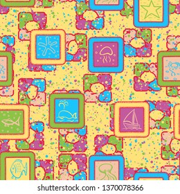 A seamless pattern consisting of painted roughly marine objects in frames, with a background texture.