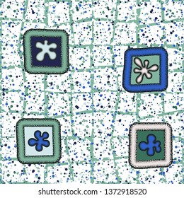 A seamless pattern consisting of painted roughly convex blots in frames, with a background texture.