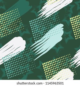 A seamless pattern consisting of paintings painted with spots, greasy streaks and a background of five-pointed stars.