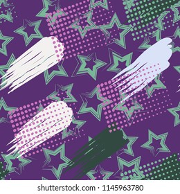 A seamless pattern consisting of paintings painted with spots, greasy streaks and a background of five-pointed stars.