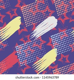 A seamless pattern consisting of paintings painted with spots, greasy streaks and a background of five-pointed stars.