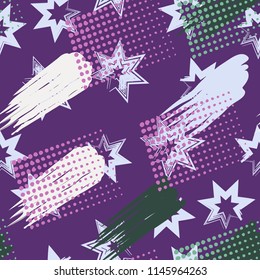A seamless pattern consisting of paintings painted with spots, greasy streaks and a background of seven-pointed stars.
