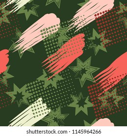 A seamless pattern consisting of paintings painted with spots, greasy streaks and a background of seven-pointed stars.