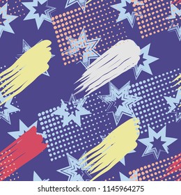 A seamless pattern consisting of paintings painted with spots, greasy streaks and a background of seven-pointed stars.