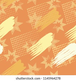 A seamless pattern consisting of paintings painted with spots, greasy streaks and a background of seven-pointed stars.