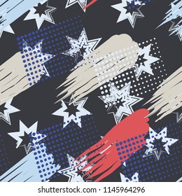 A seamless pattern consisting of paintings painted with spots, greasy streaks and a background of seven-pointed stars.