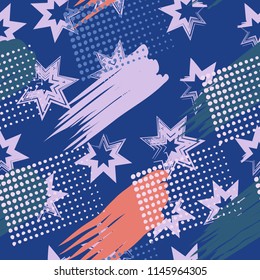 A seamless pattern consisting of paintings painted with spots, greasy streaks and a background of seven-pointed stars.