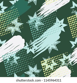 A seamless pattern consisting of paintings painted with spots, greasy streaks and a background of seven-pointed stars.