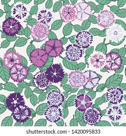 Seamless pattern consisting of pairs of carnations and leaves.