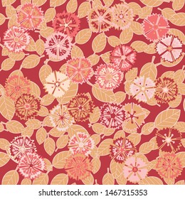 Seamless pattern consisting of pairs of carnations and leaves.