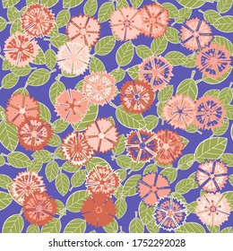 Seamless pattern consisting of pairs of carnations and leaves.