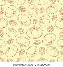 Seamless pattern consisting of pumpkin and pepper, vector, seamless pattern, background, vegetables, line, drawing, vitamins, greens, food