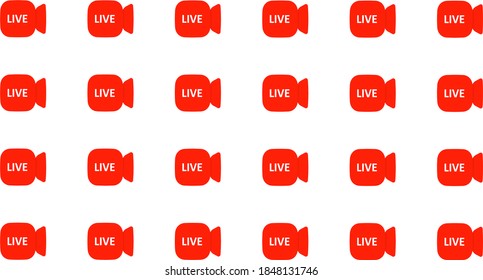 Seamless pattern consisting of red red cameras on a white background. Buttons Live, live broadcast modern digital background. Vector illustration