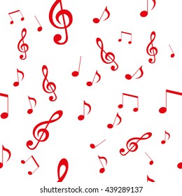 Seamless pattern consisting of red treble clef and notes on a white background 