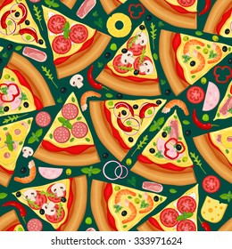 Seamless pattern consisting of slices of pizza and ingredients