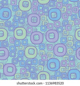 A seamless pattern consisting of smoothed squares with a hole, located on a texture background composed of angular elements with a three-sided symmetry.