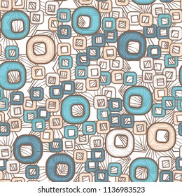 A seamless pattern consisting of smoothed squares with a hole, located on a texture background composed of angular elements with a three-sided symmetry.