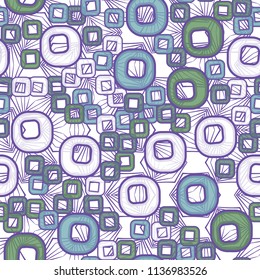 A seamless pattern consisting of smoothed squares with a hole, located on a texture background composed of angular elements with a three-sided symmetry.