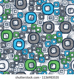 A seamless pattern consisting of smoothed squares with a hole, located on a texture background composed of angular elements with a three-sided symmetry.
