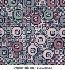 A seamless pattern consisting of smoothed squares with a hole that is located against the background of a space filled with wedge-shaped strokes that form rhombuses.