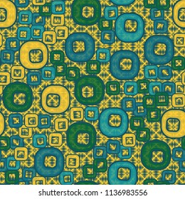 A seamless pattern consisting of smoothed squares with a hole that is located against the background of a space filled with wedge-shaped strokes that form rhombuses.