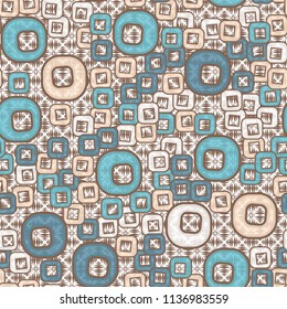A seamless pattern consisting of smoothed squares with a hole that is located against the background of a space filled with wedge-shaped strokes that form rhombuses.
