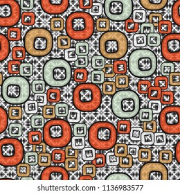 A seamless pattern consisting of smoothed squares with a hole that is located against the background of a space filled with wedge-shaped strokes that form rhombuses.