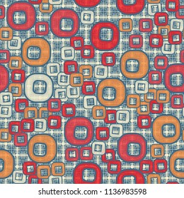 A seamless pattern consisting of smoothed squares with a hole that is located against a background of mutually perpendicular wedge-shaped strokes.