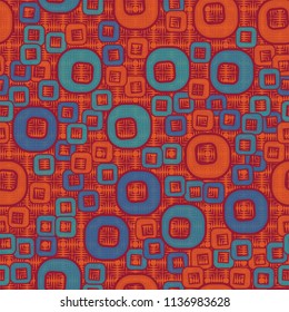 A seamless pattern consisting of smoothed squares with a hole that is located against a background of mutually perpendicular wedge-shaped strokes.