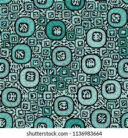 A seamless pattern consisting of smoothed squares with a hole that is located on the background of explosions of liquid.