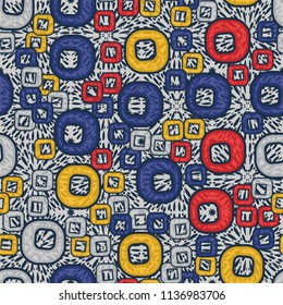 A seamless pattern consisting of smoothed squares with a hole that is located on the background of explosions of liquid.