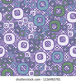 A seamless pattern consisting of smoothed squares with a hole, located on a texture background made up of figures with diagonal-square hatching.