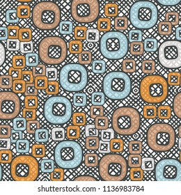A seamless pattern consisting of smoothed squares with a hole, located on a texture background made up of figures with diagonal-square hatching.
