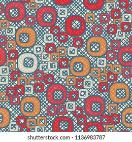 A seamless pattern consisting of smoothed squares with a hole, located on a texture background made up of figures with diagonal-square hatching.