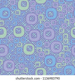 A seamless pattern consisting of smoothed squares with a hole, located on a texture background made up of figures with diagonal-square hatching.