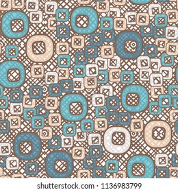 A seamless pattern consisting of smoothed squares with a hole, located on a texture background made up of figures with diagonal-square hatching.
