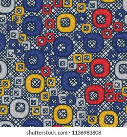 A seamless pattern consisting of smoothed squares with a hole, located on a texture background made up of figures with diagonal-square hatching.