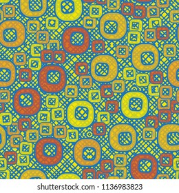 A seamless pattern consisting of smoothed squares with a hole, located on a texture background made up of figures with diagonal-square hatching.