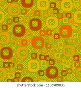 A seamless pattern consisting of smoothed squares with a hole, located on a texture background made up of figures with diagonal-square hatching.