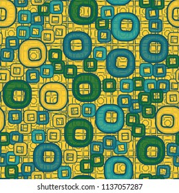 A seamless pattern consisting of smoothed squares with a hole, located on a texture background made up of cross-shaped and rectangular elements.