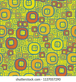 A seamless pattern consisting of smoothed squares with a hole, located on a texture background made up of cross-shaped and rectangular elements.