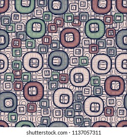 A seamless pattern consisting of smoothed squares with a hole, located on a texture background made up of cross-shaped and rectangular elements.